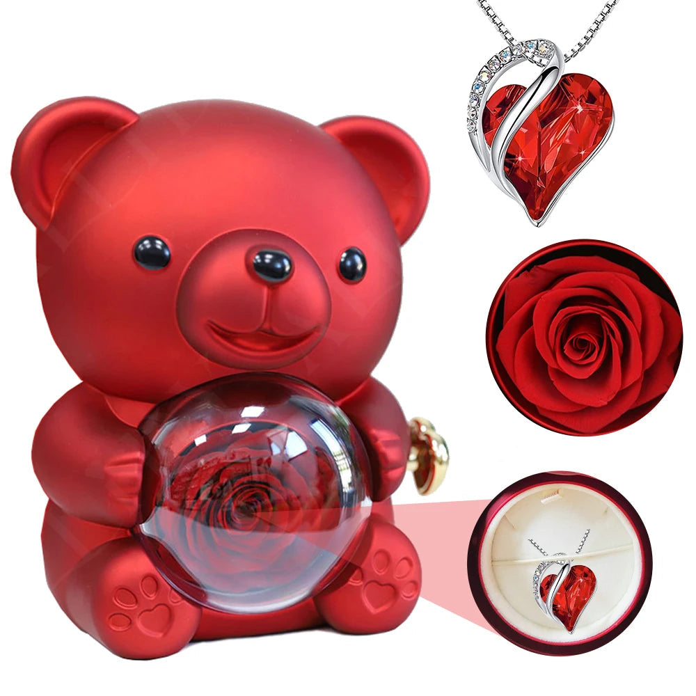 Rotating Bear Rose Jewelry Box with Crystal Necklace