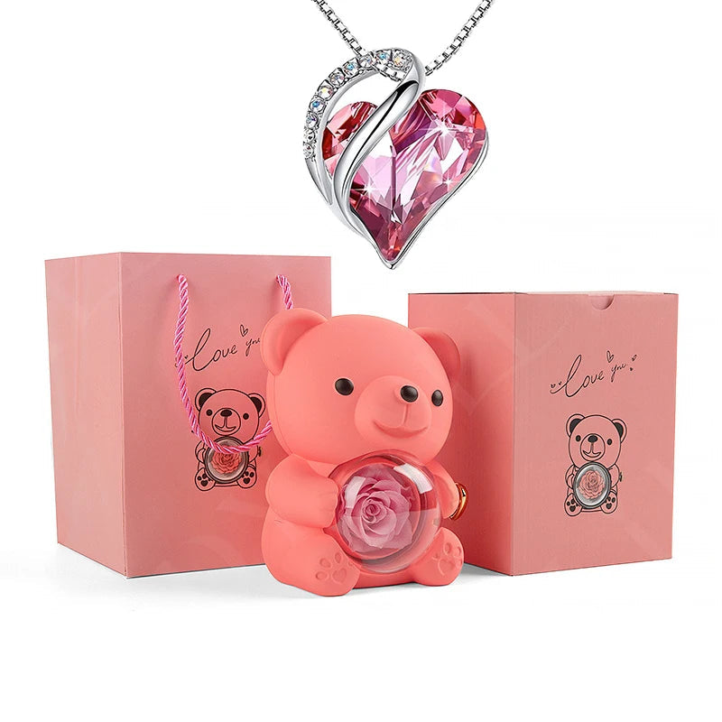 Rotating Bear Rose Jewelry Box with Crystal Necklace