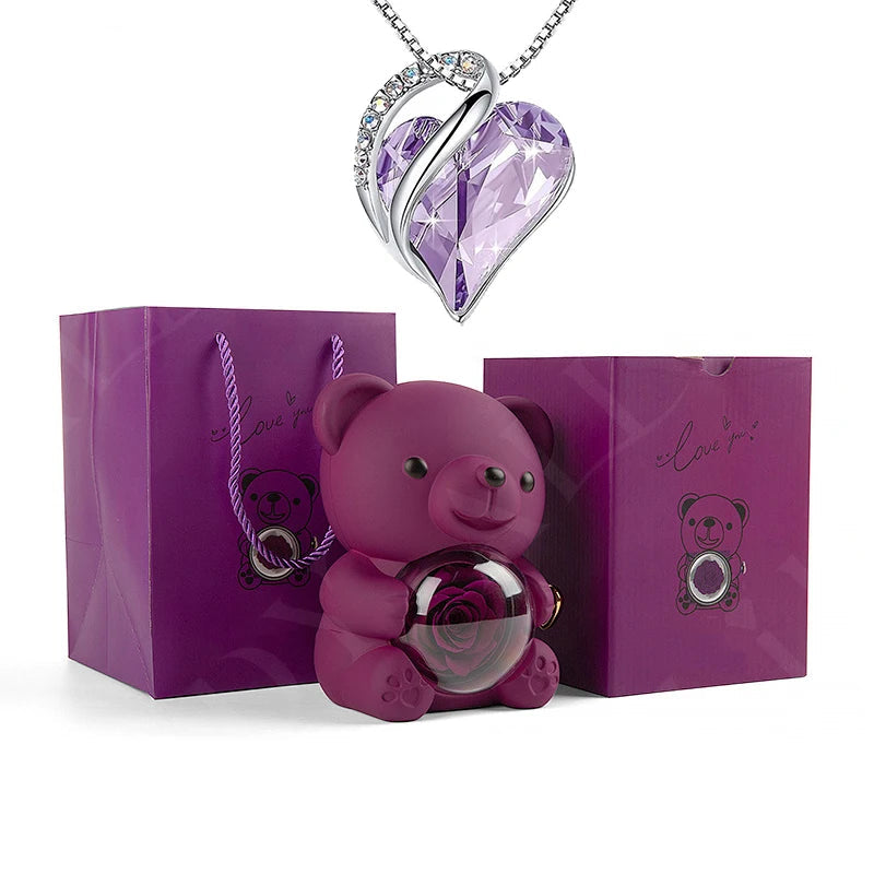 Rotating Bear Rose Jewelry Box with Crystal Necklace